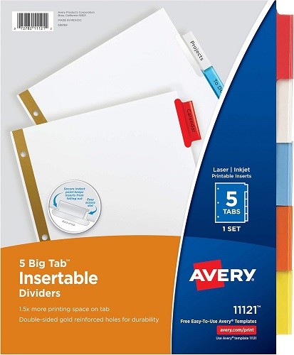 Avery 5-Tab Binder Dividers, Insertable Multicolor Big Tabs, 1 Set (11121)