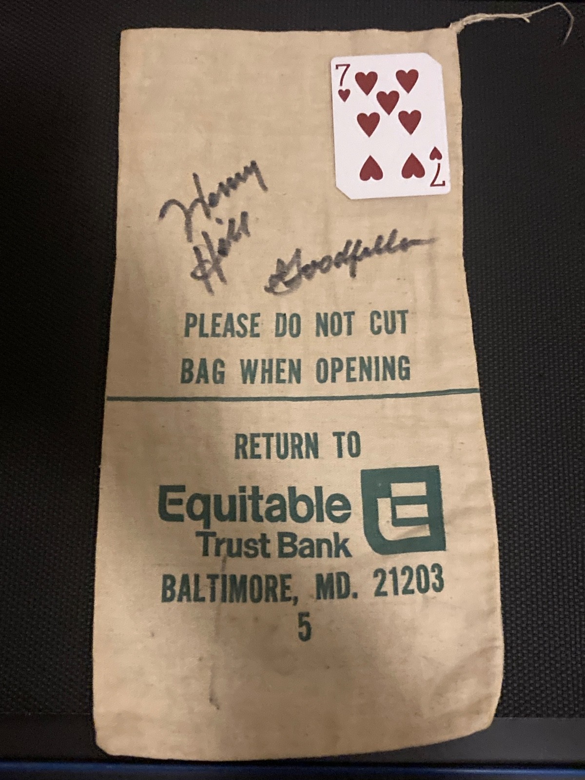 HENRY HILL Inscribed Goodfellas Signed Autograph EMPTY MONEY BAG SIGNED CARD 7 H