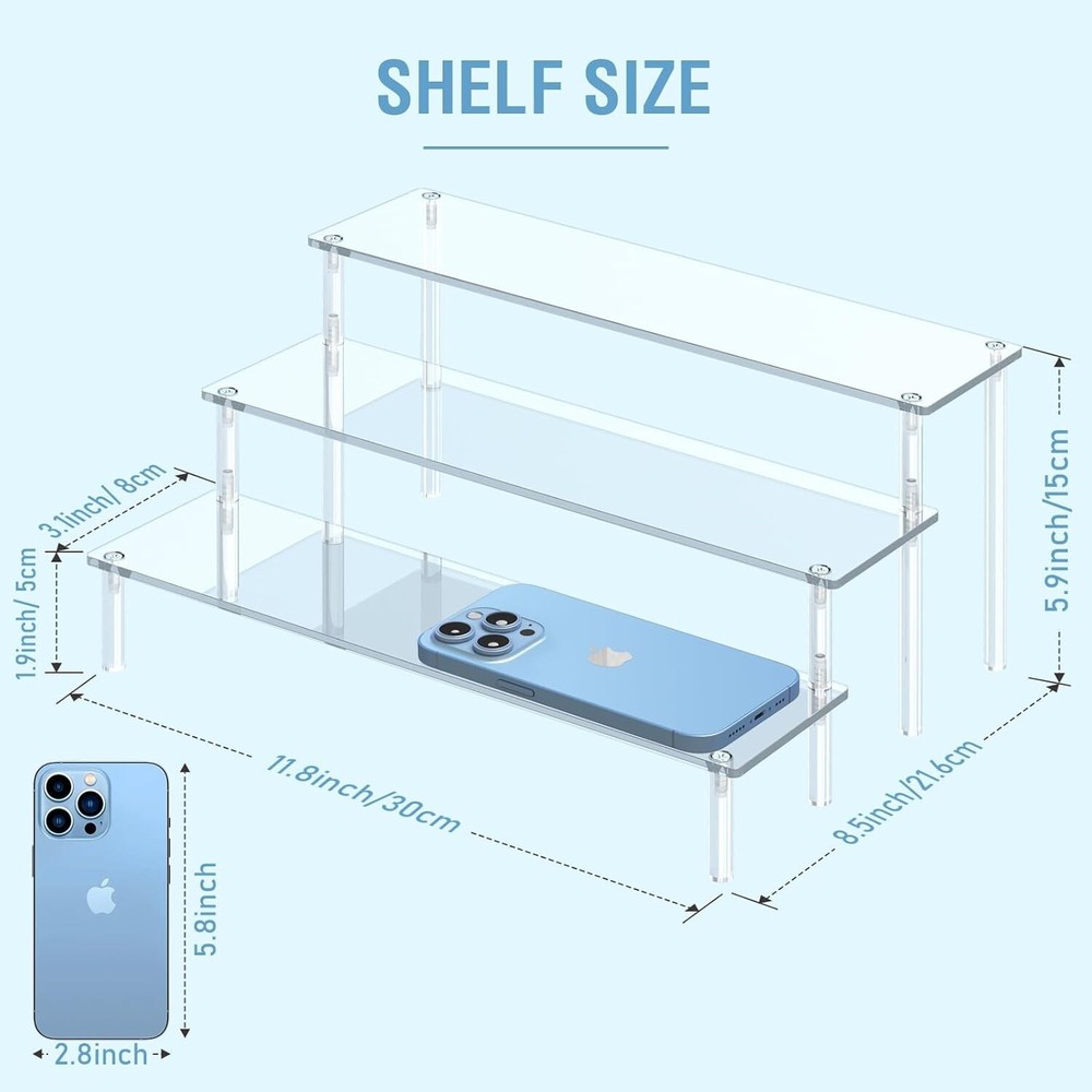 Acrylic Display Risers, 3 Tier Clear Perfume Organizer Stand, Large Shelf Riser