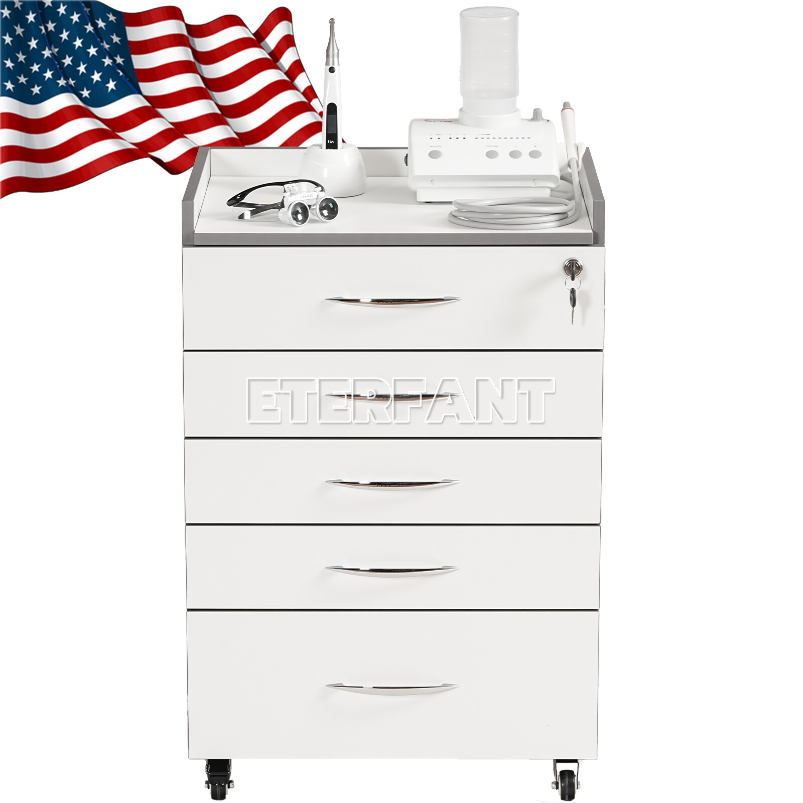 Dental Medical 5 Drawers Trolley Cart Acrylic Mobile Rolling Cart Wooden Cabinet