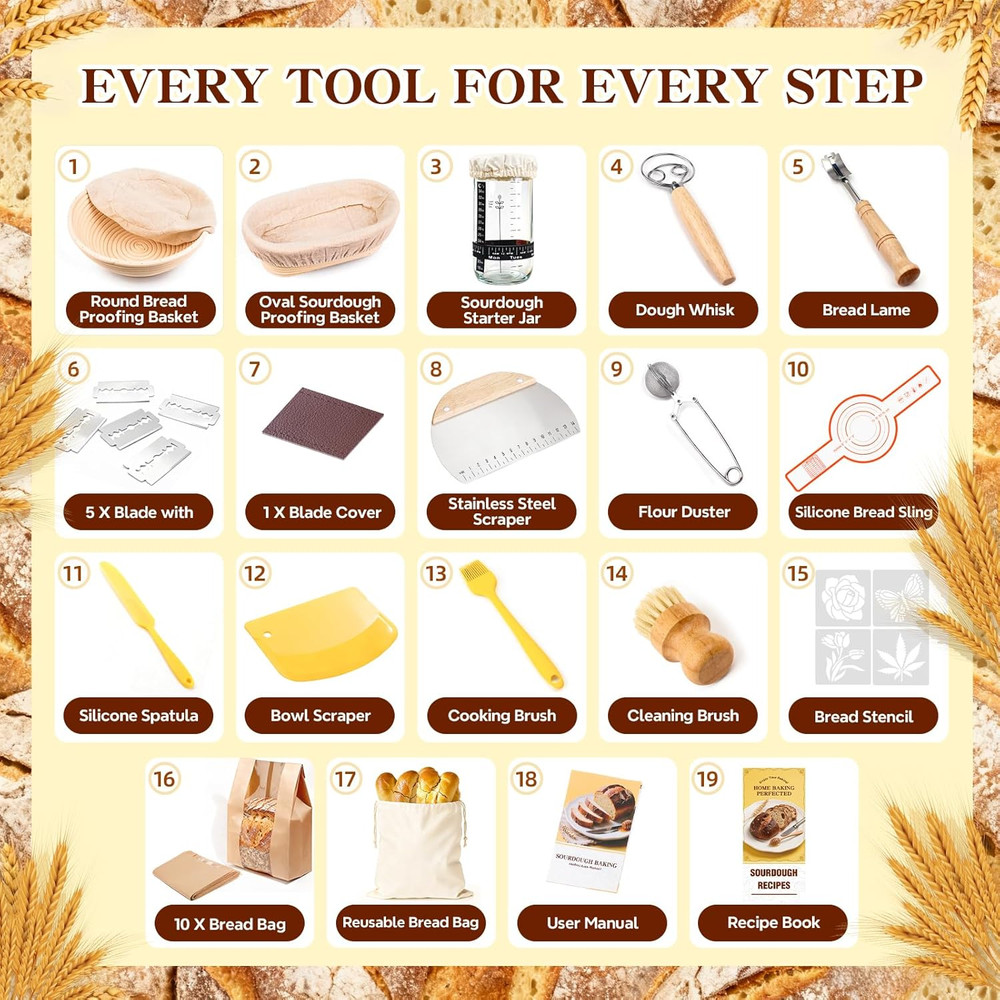 Complete Sourdough Starter Kit with Proofing Baskets and Baking Tools