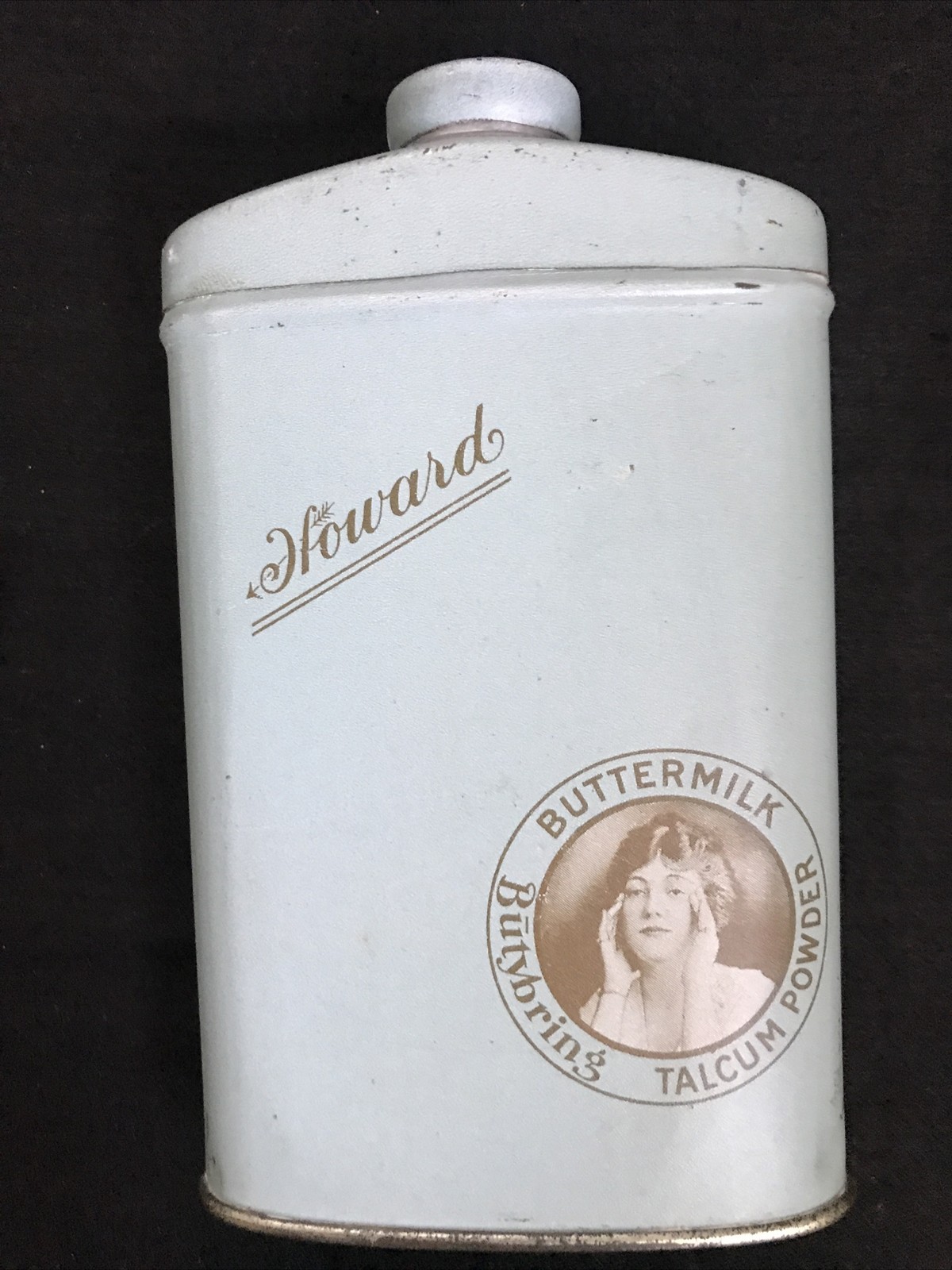 HOWARD Buttermilk Talcum Powder Tin Antique Butybring Howard's Litho Advertising