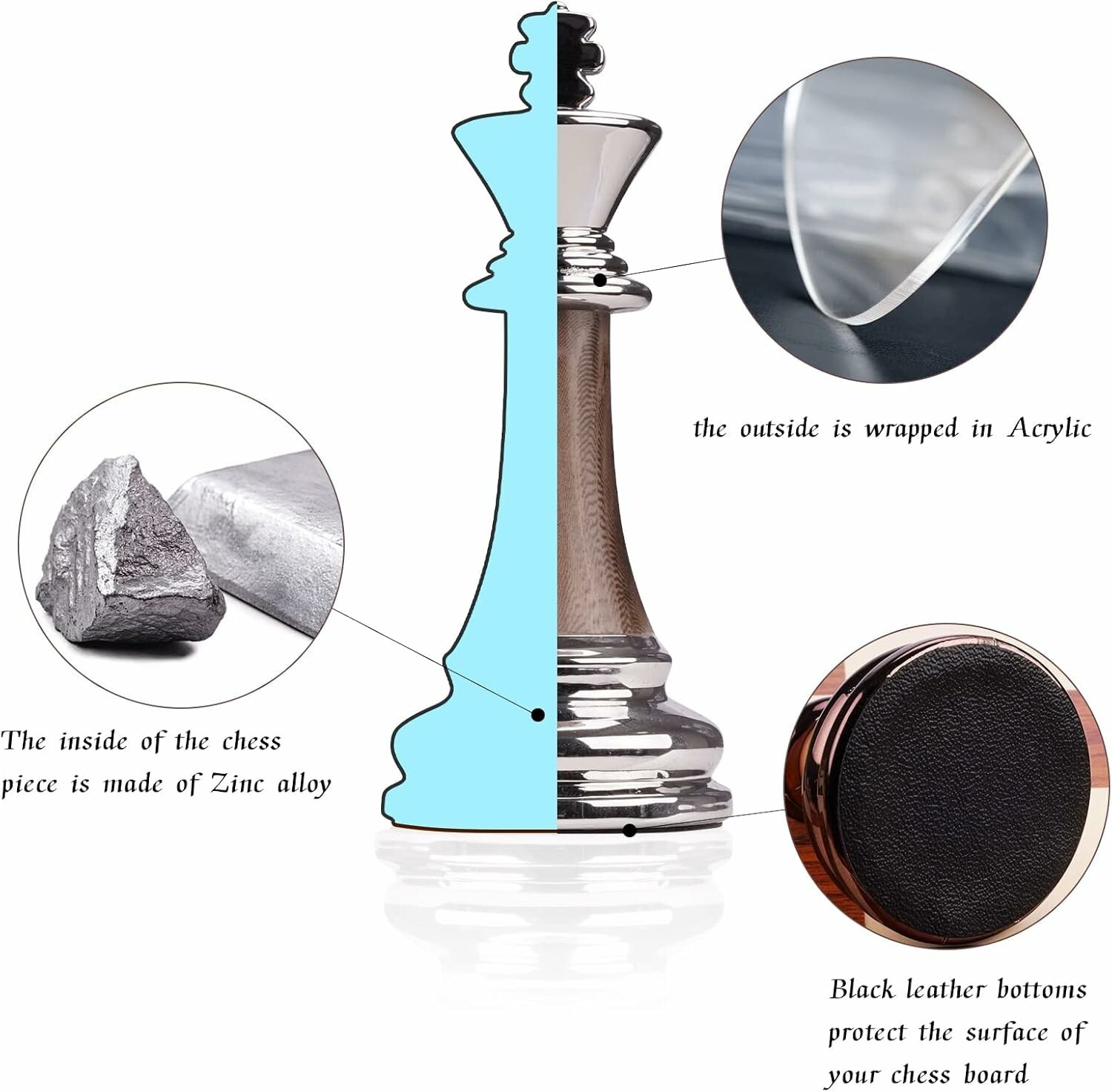 15" Acrylic Chess Set With Zinc Alloy + Acrylic Pieces & Folding Wooden Board
