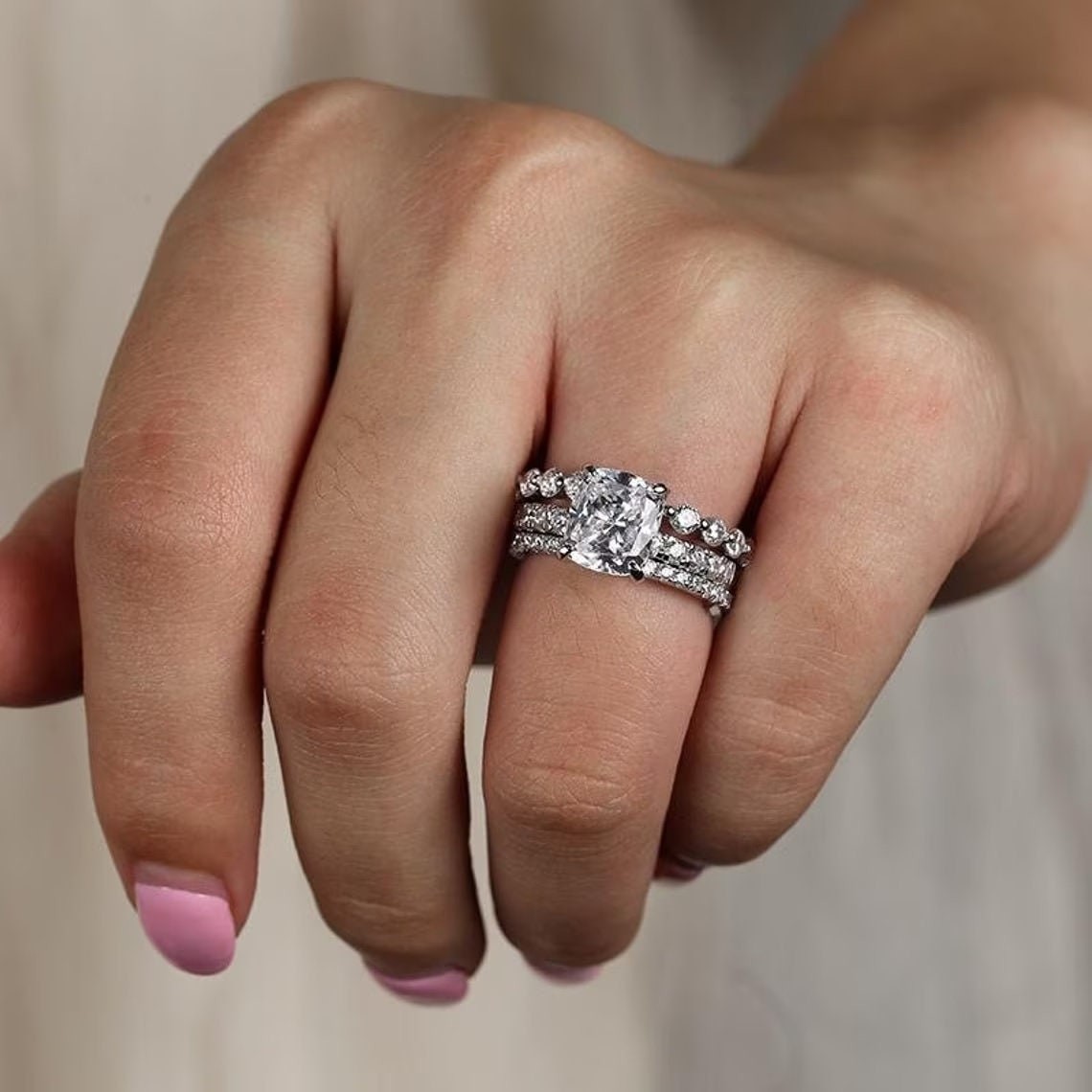 2.50 CT Cushion Cut VVS1 Moissanite Wedding Bridal Ring Set Solid 14K White Gold