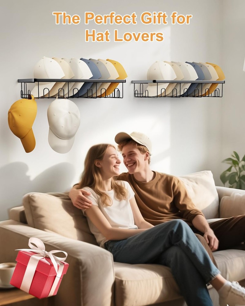 Hat Rack for Wall, 2 Pack Large Hat Organizer with More Hooks, Holds 56 Caps,...