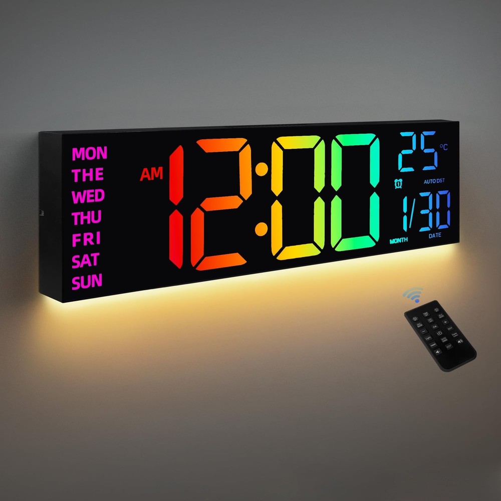 8 Colors Digital Wall Clock, 16.2" Large Digital Clock with Temperature, Date...