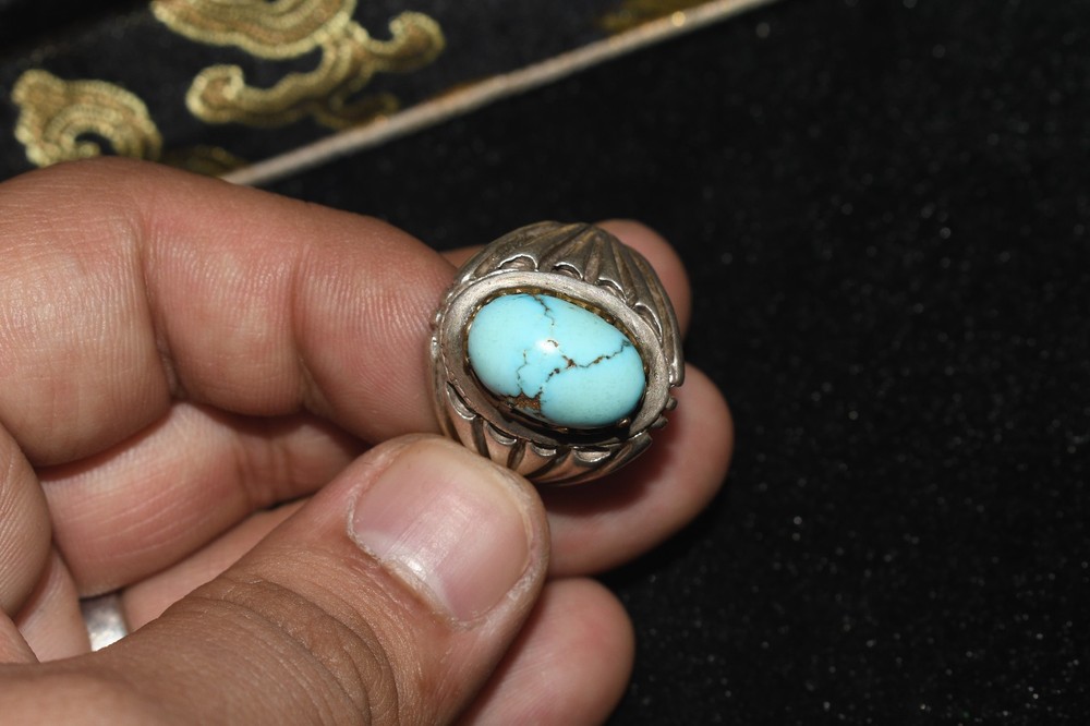 Large Antique old Near Eastern Solid Silver ring With Turquoise Stone Bezel