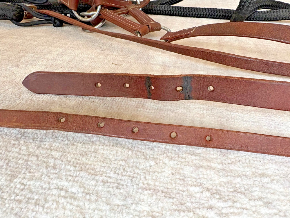 8.5' Poly Loop Rein, Braided Knots and Center Braid Ring, with Leather Sidepull