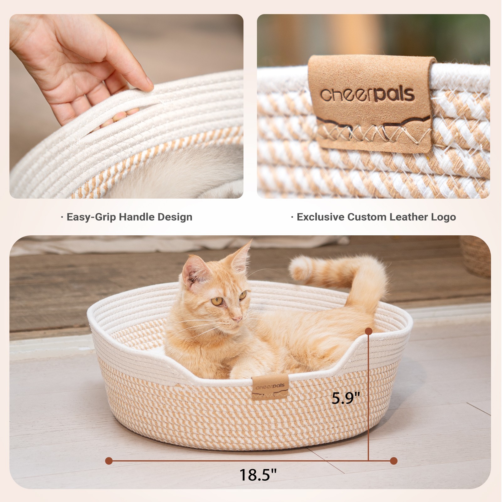 Cat Bed Basket with Cushion, 19*19*6in 2-in-1 Cotton Pet Couch for Indoor Cats