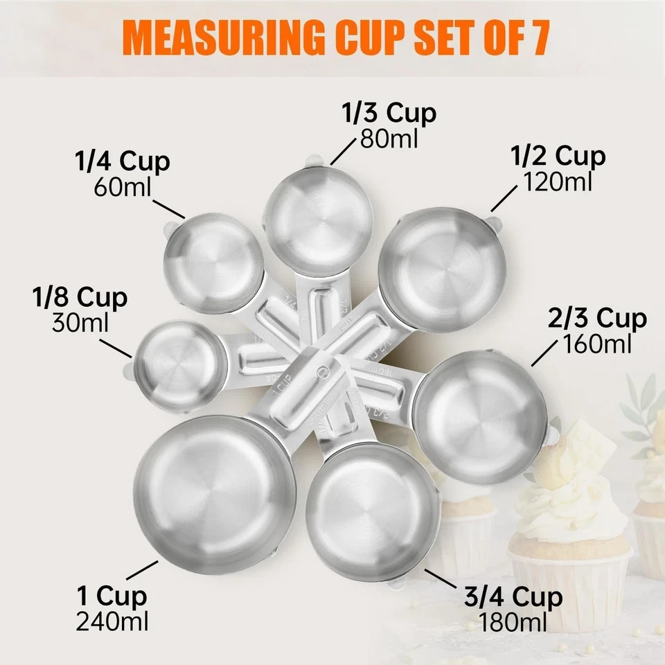 Measuring Cups Set 7 Pieces Stainless Steel Stackable Nesting Heavy Duty Perfect