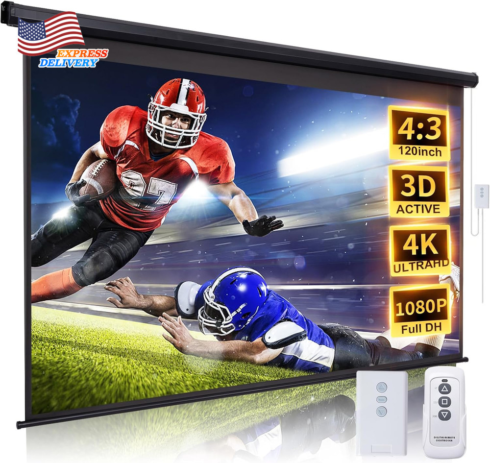 Projector Screen Motorized 4:3 HD Electric Rising Projector Screen Pull down NEW