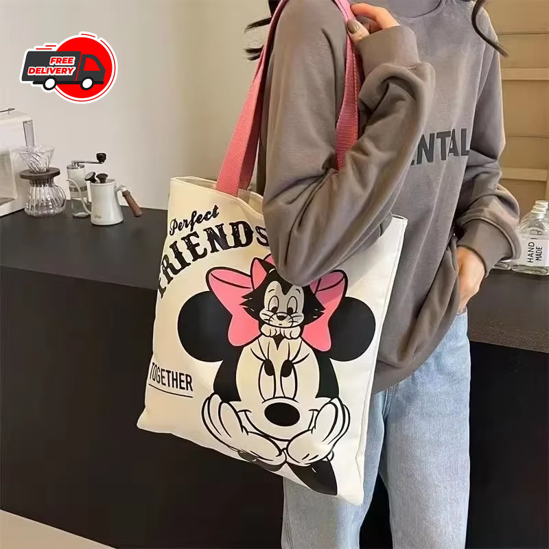 Mickey Minnie Cartoon Printed Canvas Tote Bag Large Capacity Fashion Handbag