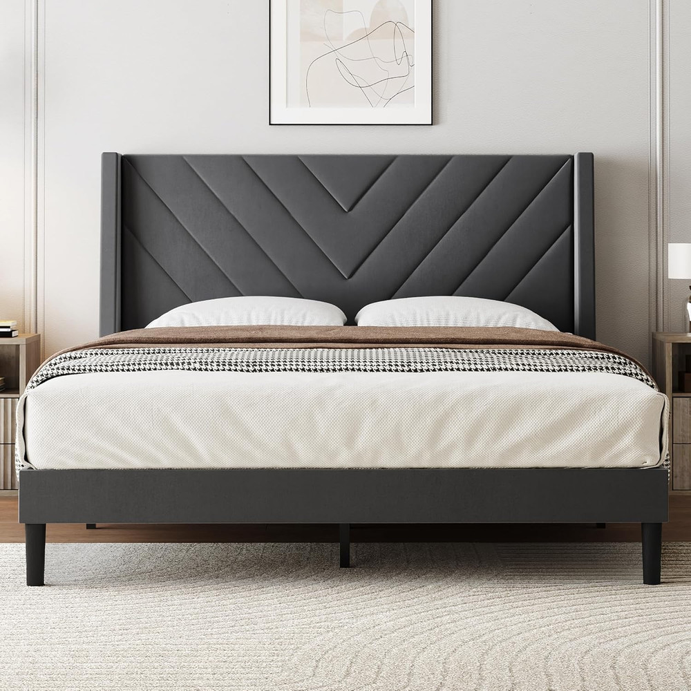 Upholstered Bed Frame, Queen Bed Frame with Tufted Headboard, Platform Bed with