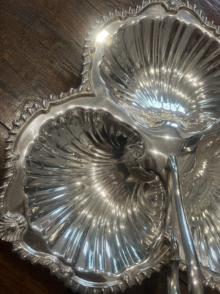 Vtg Silver Plate Silver By Sacks Clam Shell 3 Section Tray