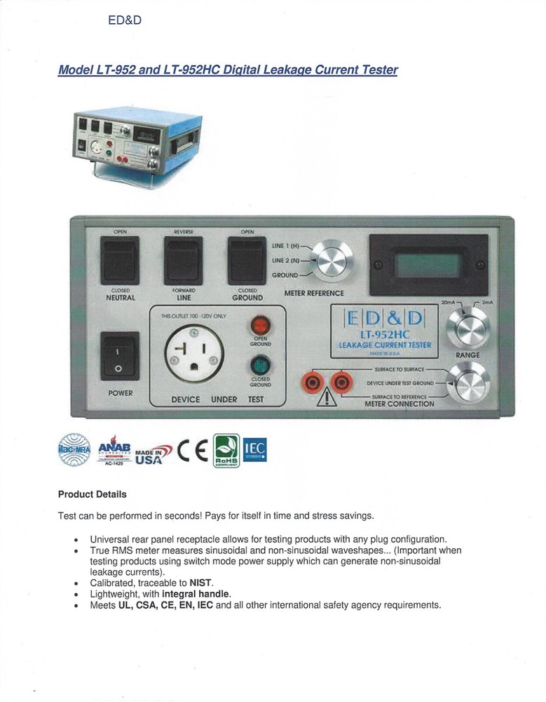 ED&D/Educated Design & Development LT-952 15A Digital Leakage Current Tester.