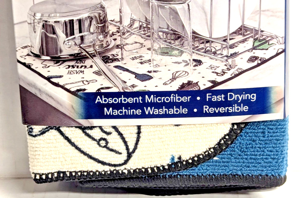 Kitchen Basics Teal Blue Typography Dish Drying Mat Utensils Print Reversible