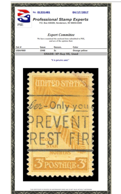 #969 Used, PSE Graded 95, Cert # 01331481