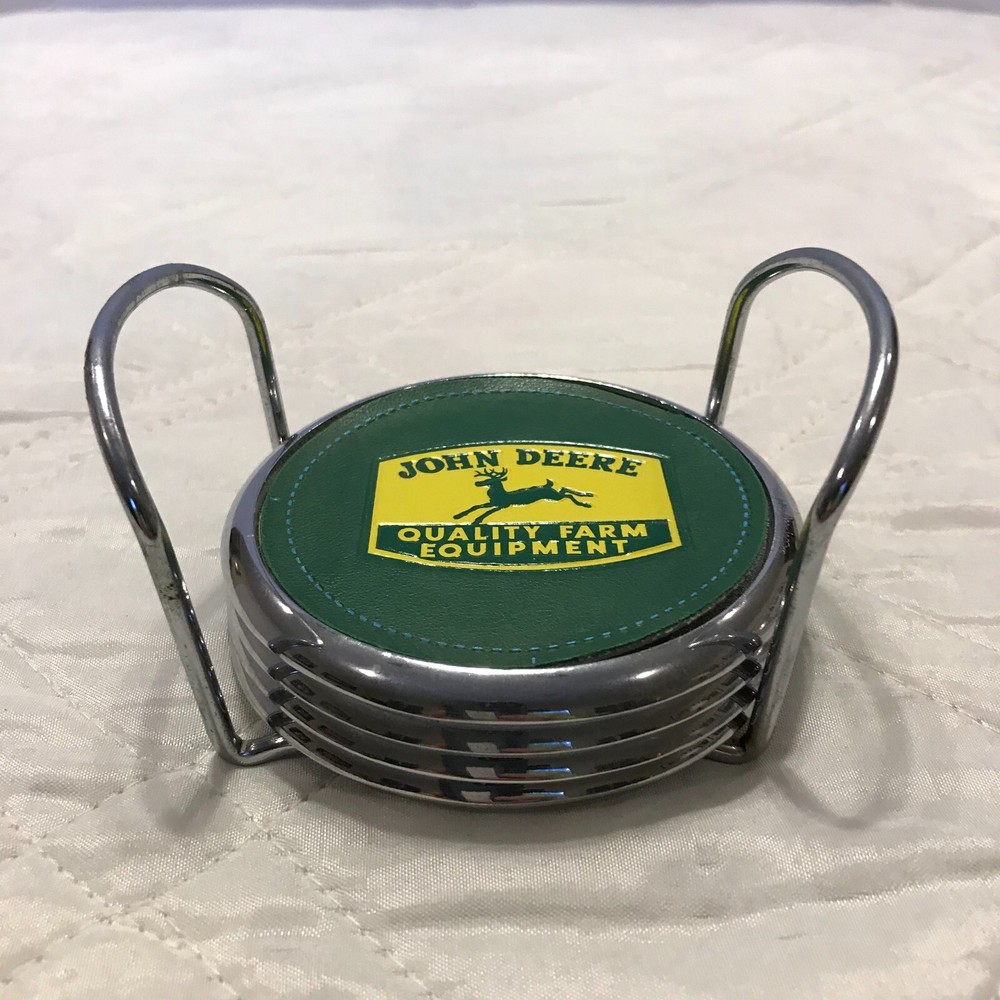 4 John Deere leather faced coasters with holder