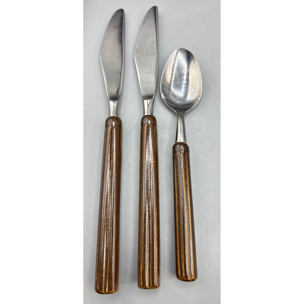 Vtg MCM Georges Briard Stainless Flatware 3 Pc Knife Spoon Brown Ceramic Replace
