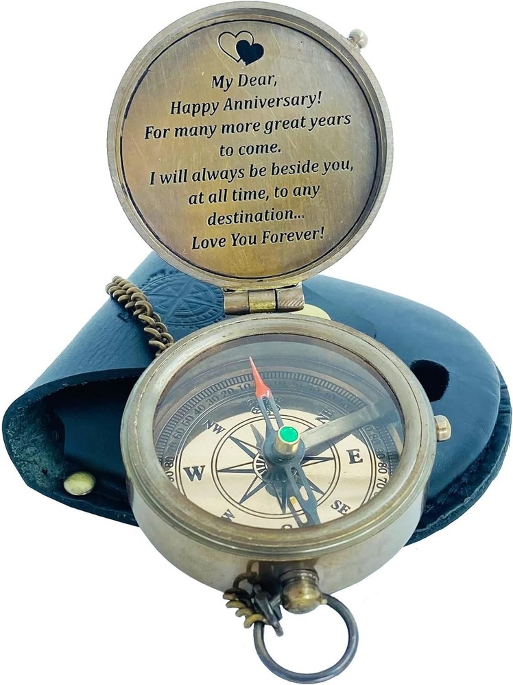 Vintage Brass Compass with Engraved Message, Chain and Leather Case