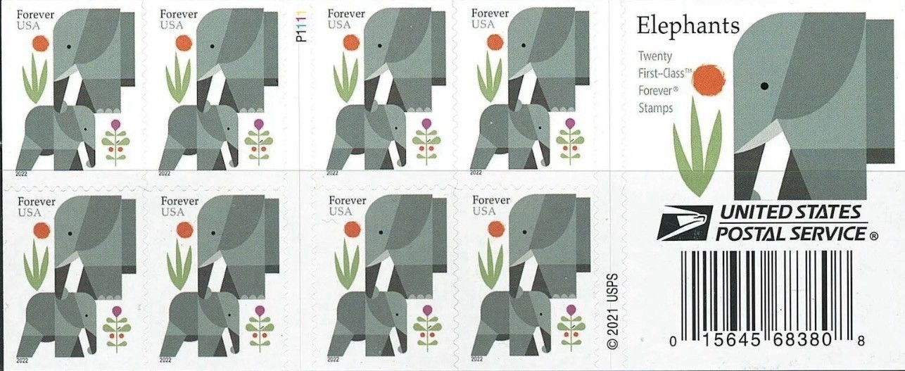 2021 USPS SHEET OF 20 FIRST CLASS LETTER STAMPS ELEPHANTS 78¢