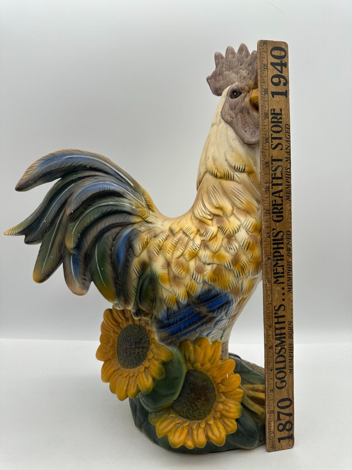 Large Ceramic Rooster Figurine Statue with Sunflowers French Country Decor 16.5"