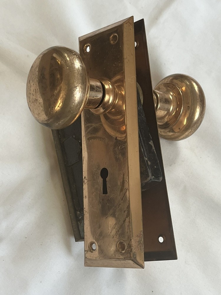 Vtg Mid Century Copper Color Door Knobs w/ Skillman Lock & Back Plates