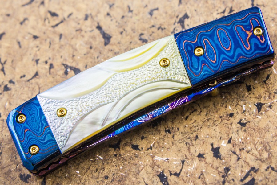 DC Custom Folding Knife Mosaic Damascus Robert Eggerling Yellow MOP Tariff Incl.