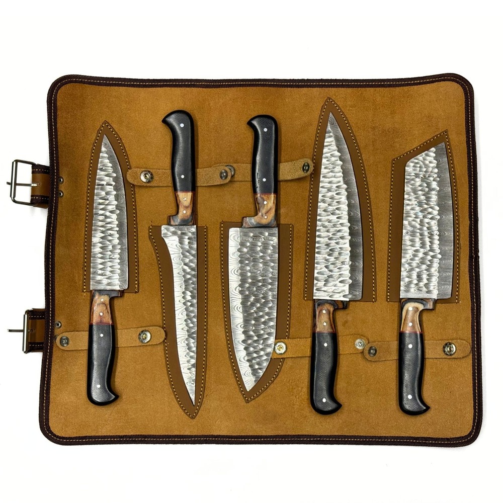 5 Piece Kitchen Hammered Knife Roll Set