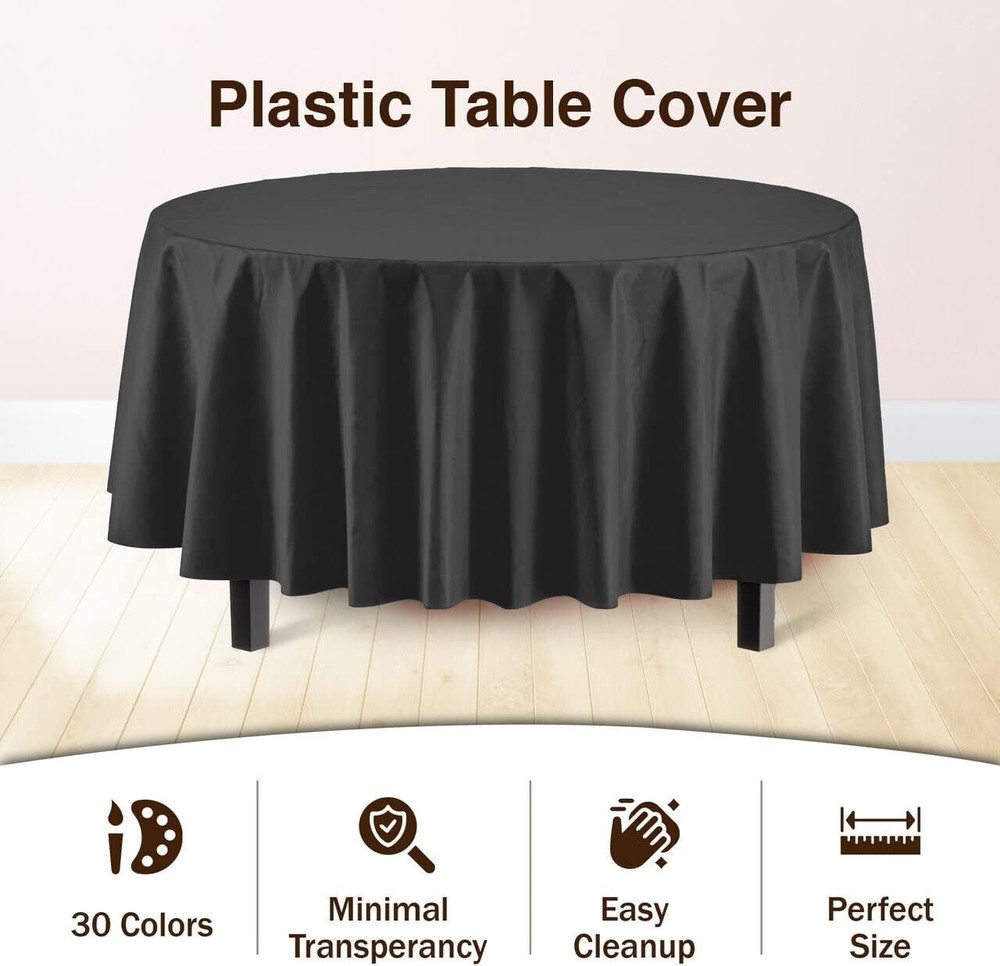 6-Pack Premium Black Plastic Tablecloths, 84in Round - Elegant Dining Solution