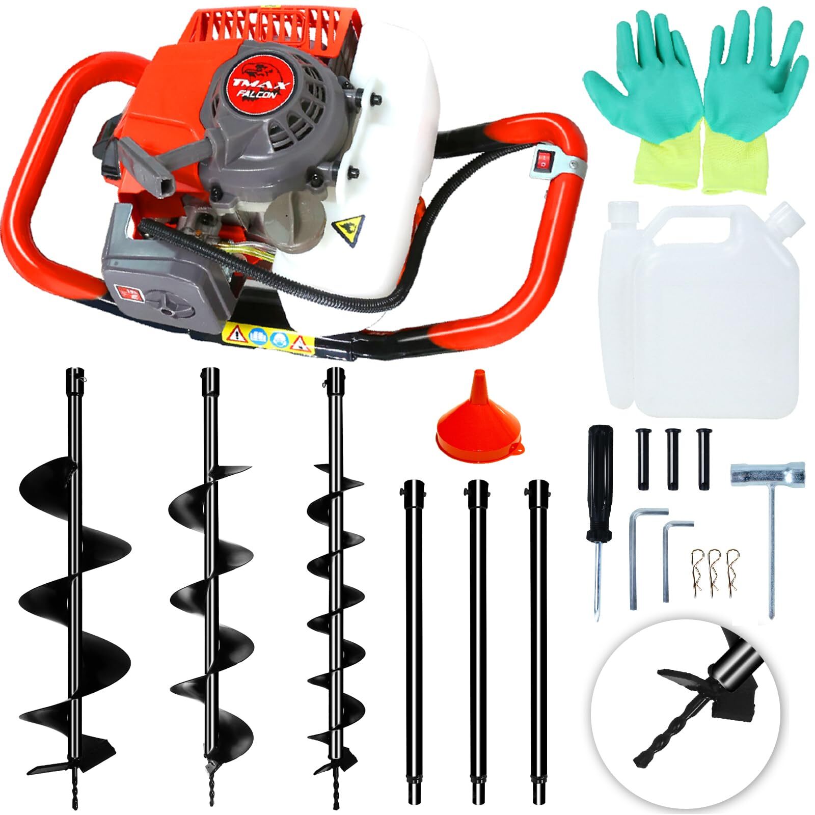 62CC 2.1KW Gas Post Hole Auger Digger W/ 3 Bits (3" 5" & 8")+3 Rods(24"24"24")