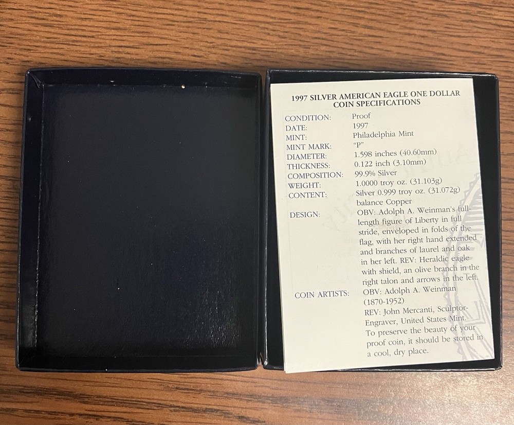 1997 1oz Proof American Silver Eagle Box/CoA Navy Blue Box