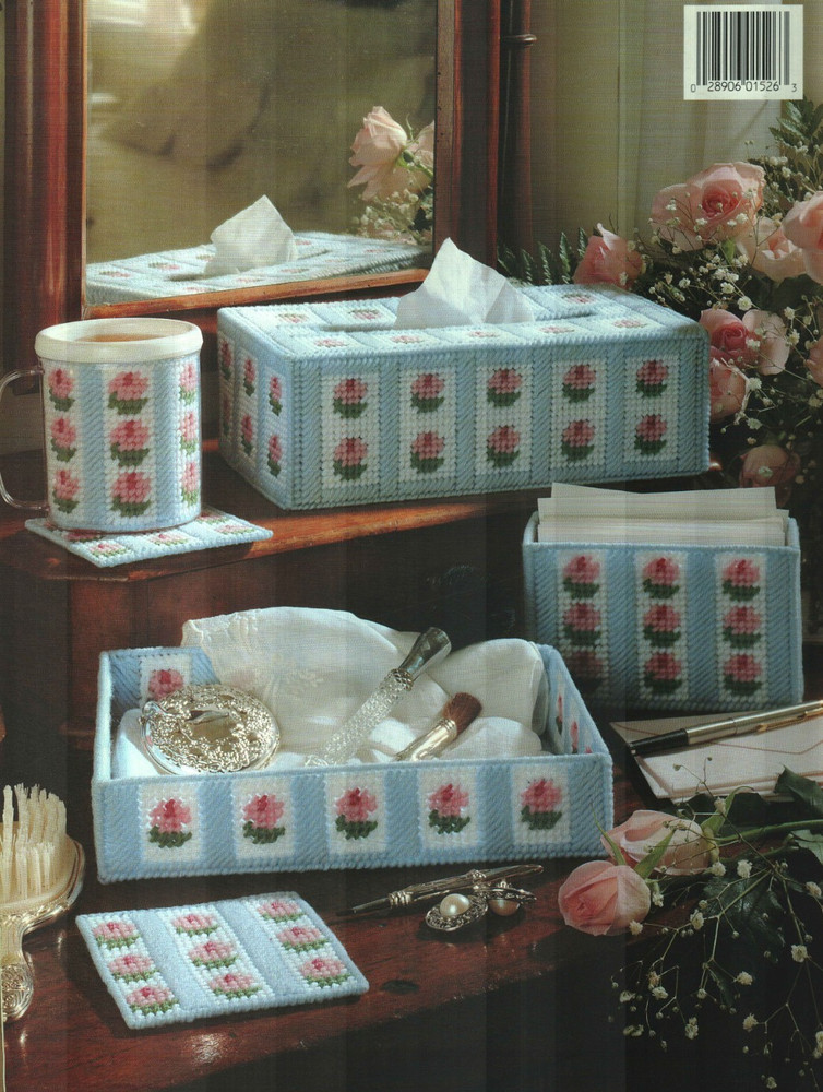 ROSEBUD BOUDOIR COASTERS TRAYS TISSUE BOX COVER PLASTIC CANVAS PATTERN BOOK