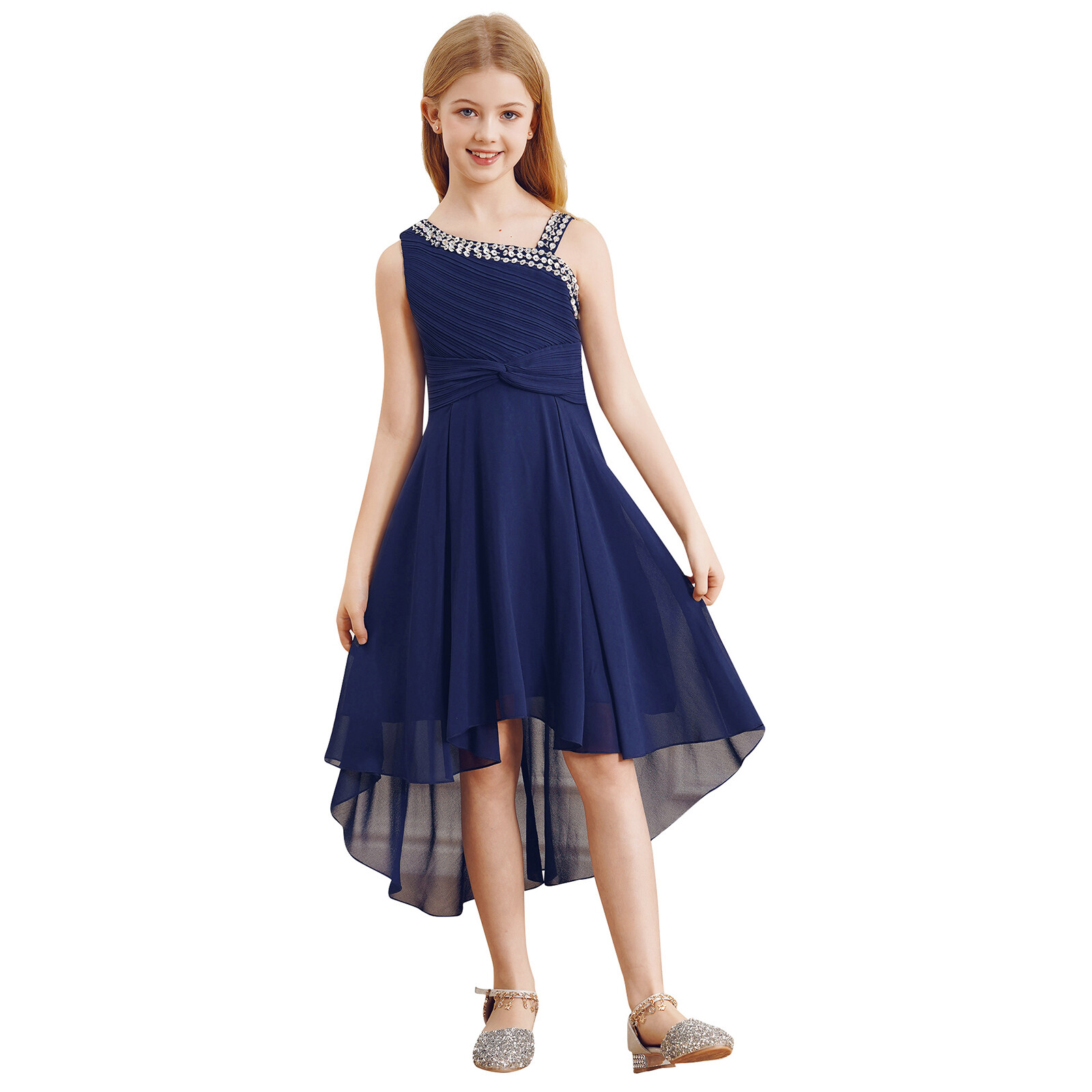 US Girls Sparkly Straps Summer Dress Sleeveless High Low Junior Bridesmaid Dress