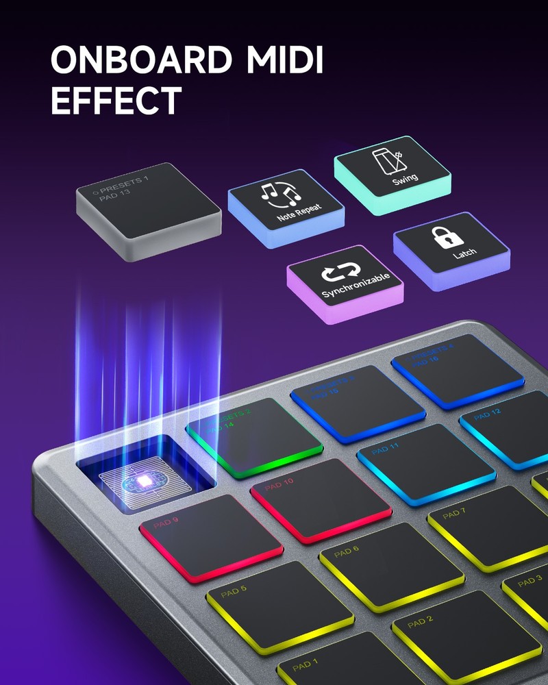 Donner STARRYPAD MINI MIDI Drum Pad Controller | USB & Wireless 16 RGB Pads Grey