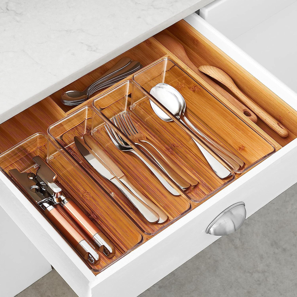 Set of 8 Clear Plastic Drawer Organizer Tray, Stackable Kitchen Cutlery...