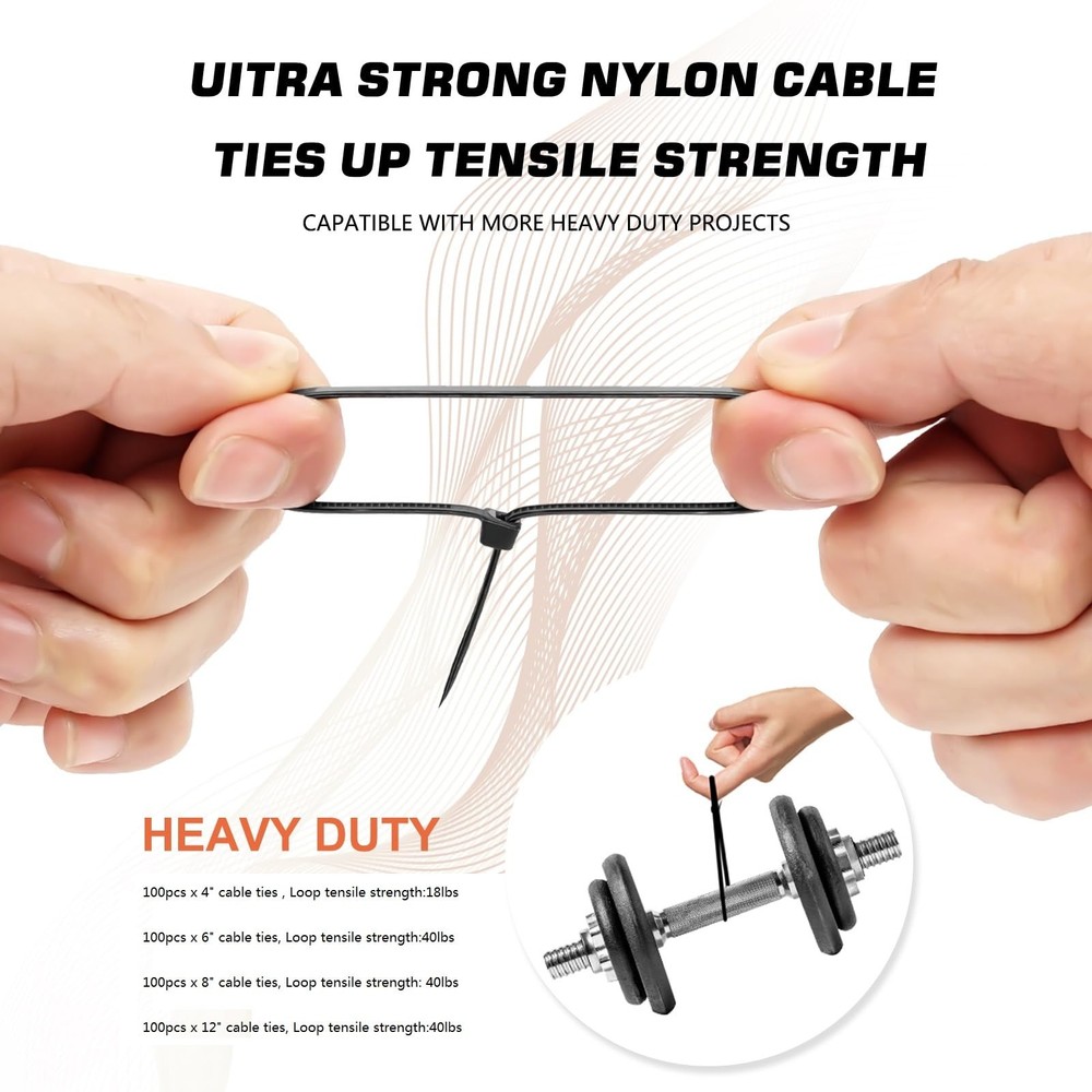 Cable Zip Ties 400 Pack Assorted Sizes 12+8+6+4 Inch Multi-Purpose Self-Locking