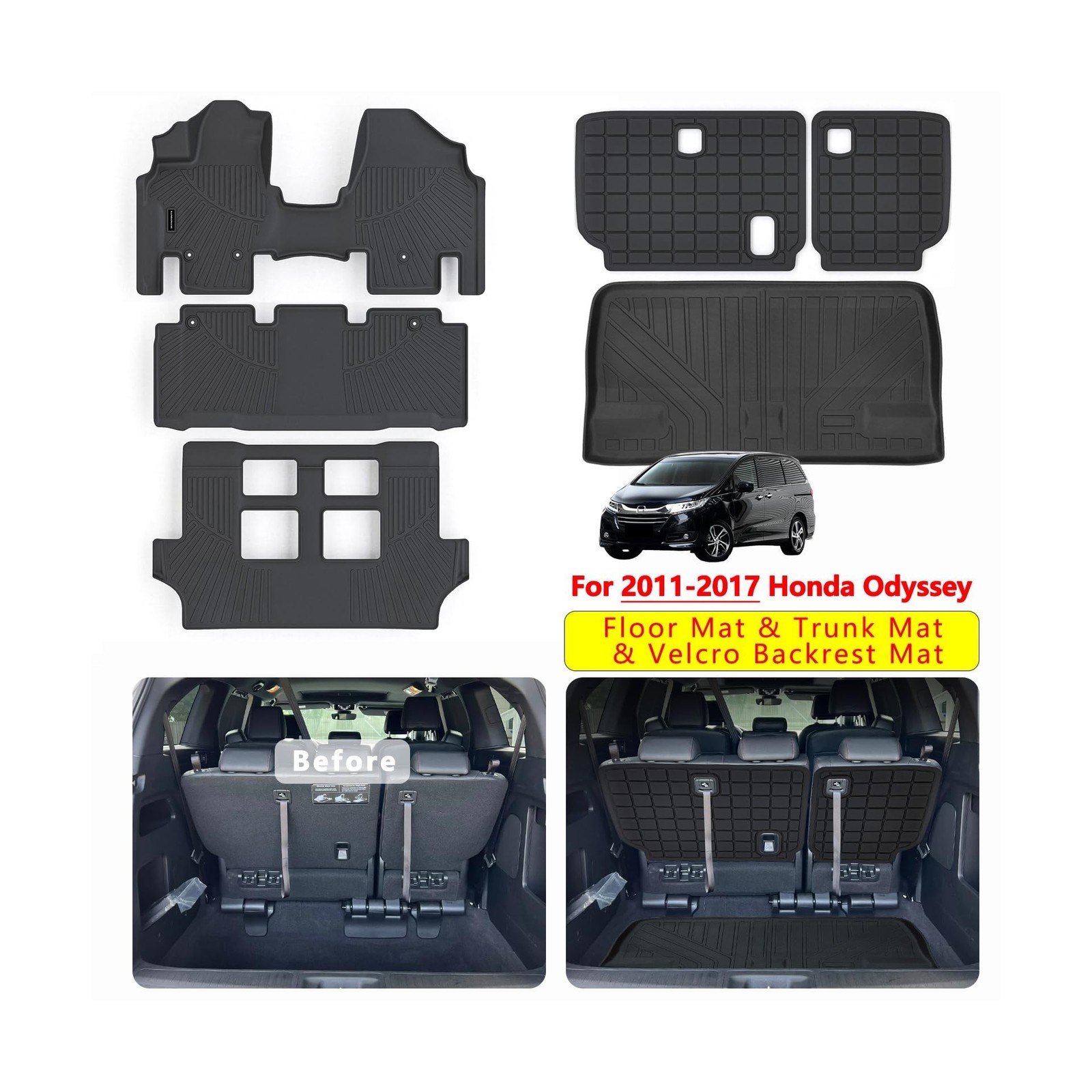 Floor Mats & Trunk Mats for 2011-2017 Honda Odyssey, TPE All Weather Protecti...