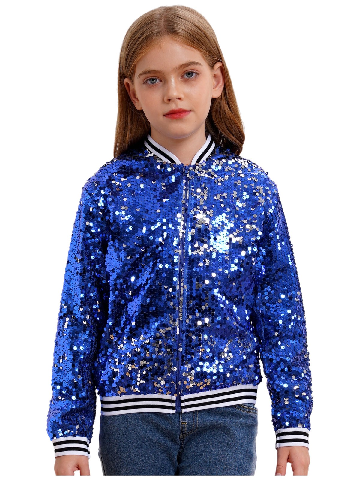 US Kid Girls Baseball Jackets Stylish Coat Street Dancing Outerwear Sequin Shiny
