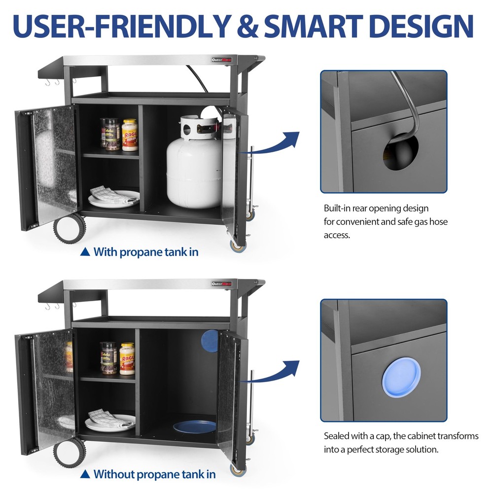 Outdoor Grill Table Kitchen Cabinet, Moveable Prep Bar for Storage & Cooking