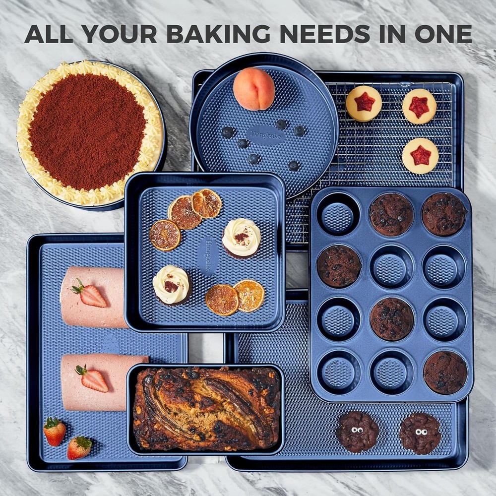9 Piece Baking Pans Set Nonstick Stackable Non Toxic Bakeware Set Sapphire Blue