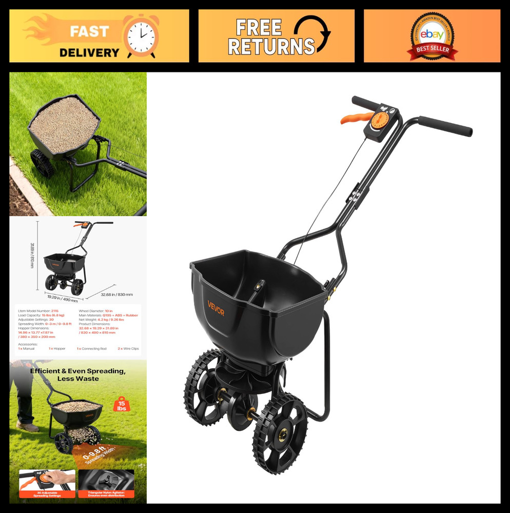 Push Broadcast Spreader 9.8ft Width, 15lbs Capacity, All-Terrain Tires, Adjustab