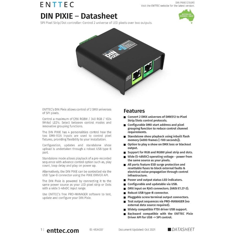 Enttec Din Pixie 73539, 2 Universe DMX LED Pixel Controller (Open Box)