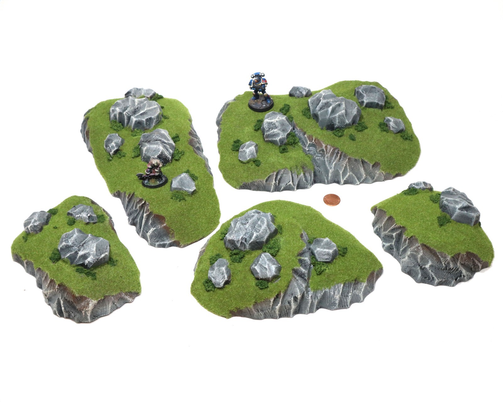 Grassy Terrain w/ Rocky Outcroppings Set of 5 – for Warhammer, Wargames, D&D