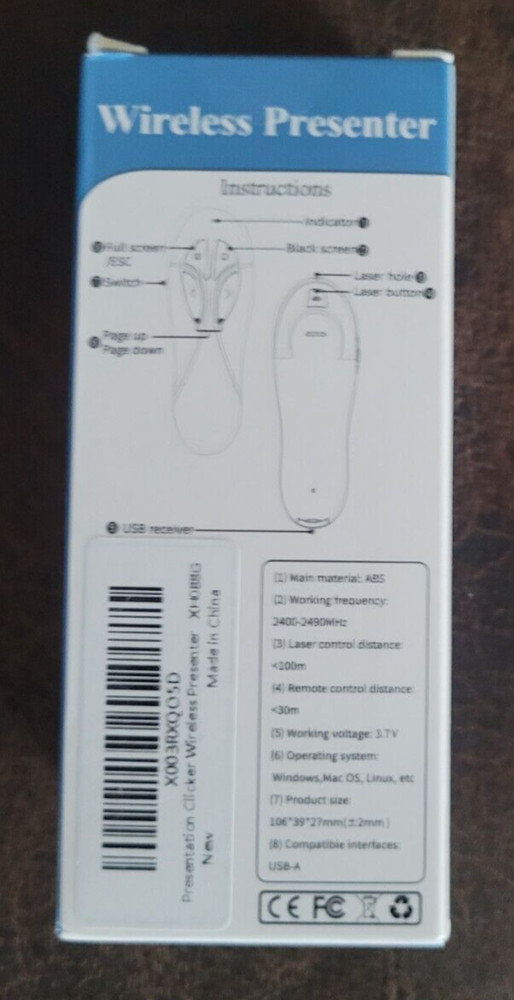 Wireless Presenter w/Laser Button Plug & Play USB-A 30M Remote Control