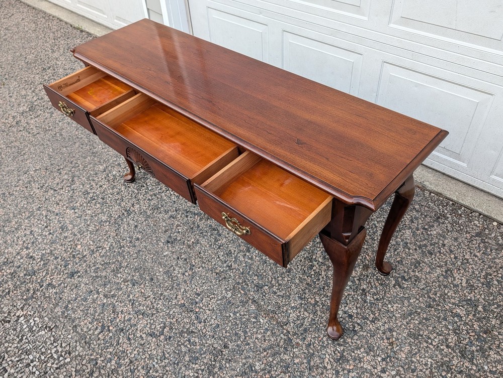 Vtg Thomasville Queen Anne Cherry Console Table, Brass Chippendale Pulls