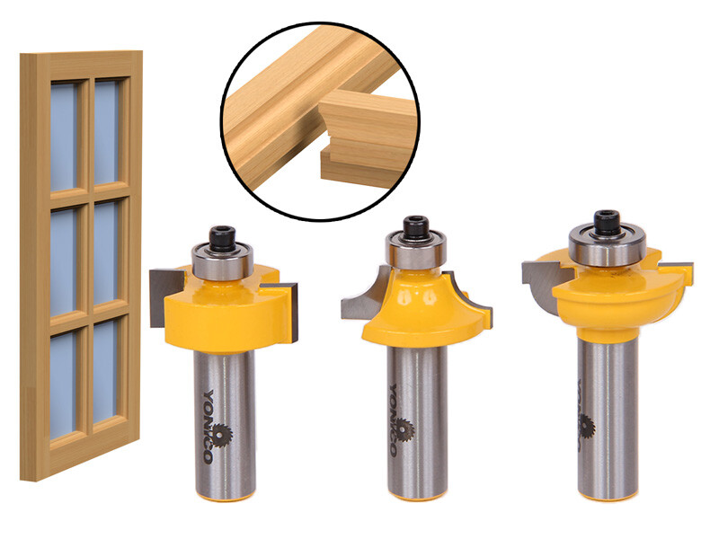 Round Over 3 Bit Glass Door Router Bit Set - 1/2" Shank - Yonico 12319