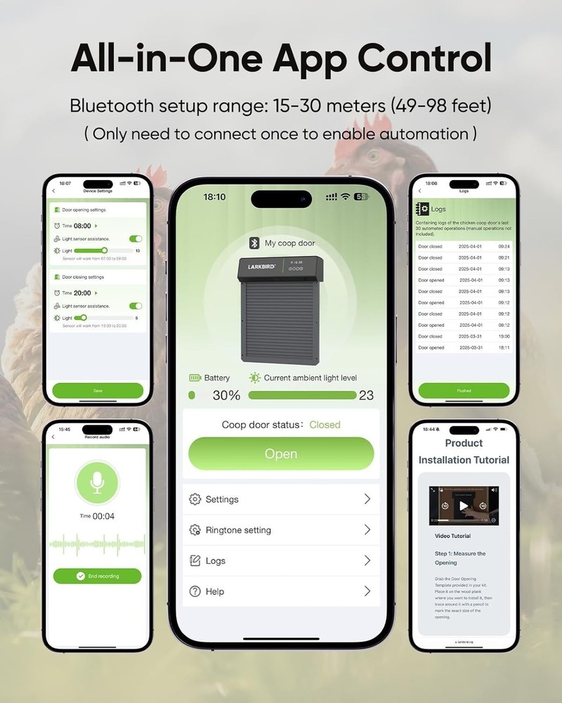 Larkbird Automatic Chicken Coop Door, Audio Recall Function, Solar, Timer, App