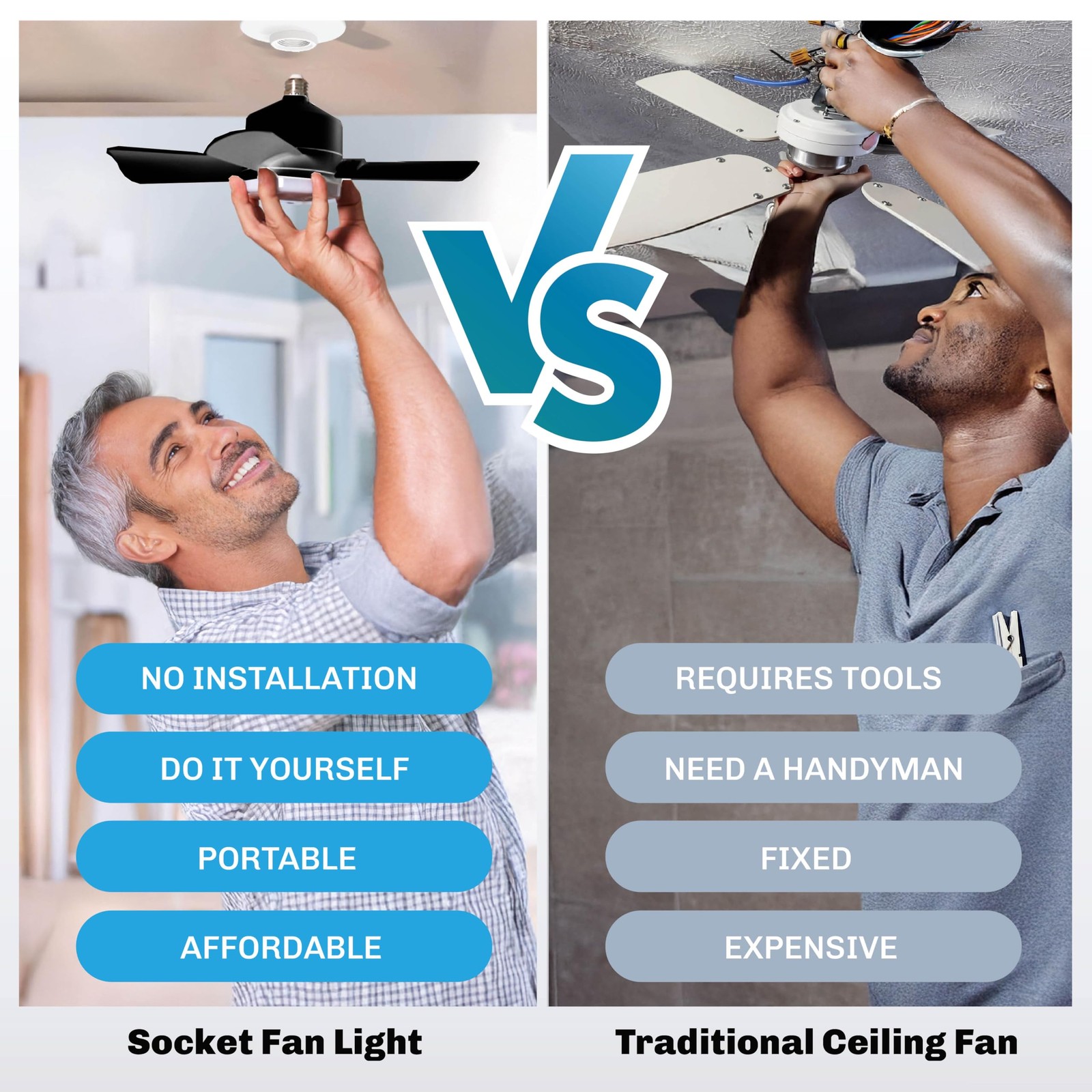 Socket Ceiling Fans with Lights and Remote- Socket Fan light with Dimmable Led