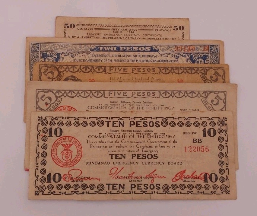 1942-44 Philippines Banknotes 50 Centavos, 2, 5, 10 Pesos X5